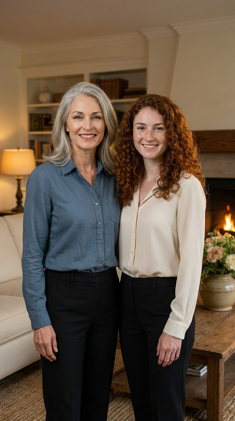 Faith and Sylvie together in a warm living room by the fireplace