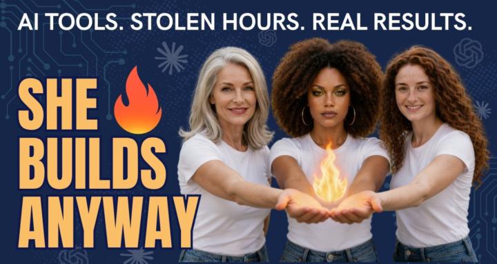 Three women holding a flame — She Builds Anyway: AI tools. Stolen hours. Real results.